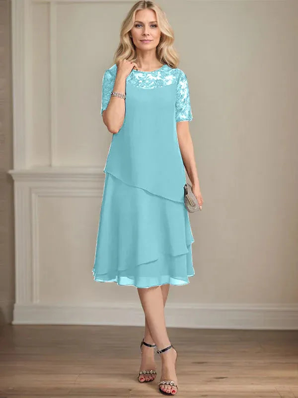 A-Linien Rundhals Illusions-Knie-Länge Spitzen-Chiffon Kleid für die Brautmutter mit Pailletten