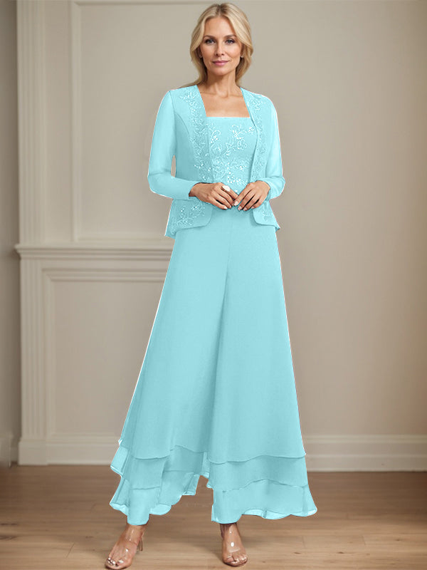 Zweiteiler Jumpsuit/Hosenanzug quadratisch knöchellang Spitze Chiffon Brautmutterkleid mit Pailletten