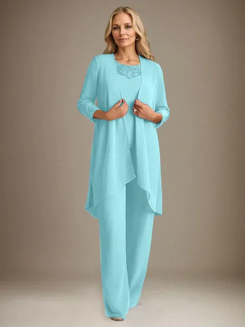 Chiffon Kleid mit Rundhalsausschnitt und langen Ärmeln, Mutter-der-Braut Hosenanzug mit Jacke