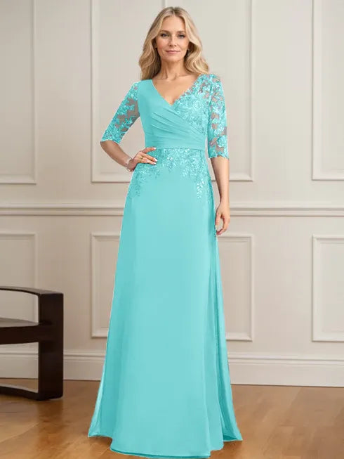 A-Linien V-Ausschnitt bodenlanges Spitzen-Chiffon Kleid der Brautmutter mit plissierten Pailletten