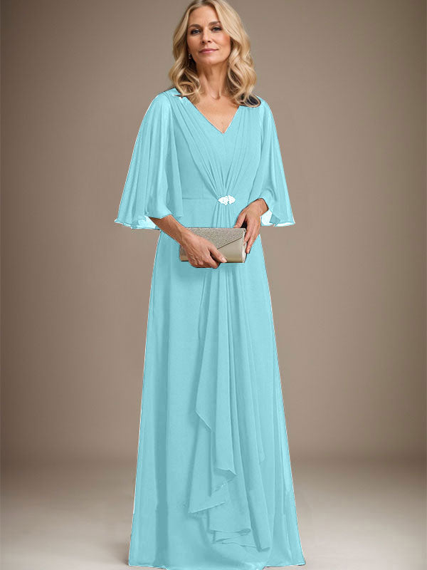 A-Linien V-Ausschnitt Bodenlanges Chiffon Kleid für die Brautmutter mit kaskadierenden Rüschen und Kristallbrosche