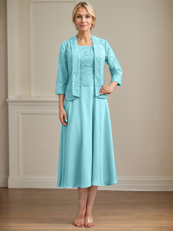A-Linien Kleid mit Rundhalsausschnitt, tea-länge, Spitze und Chiffon, Mutter der Braut Kleid