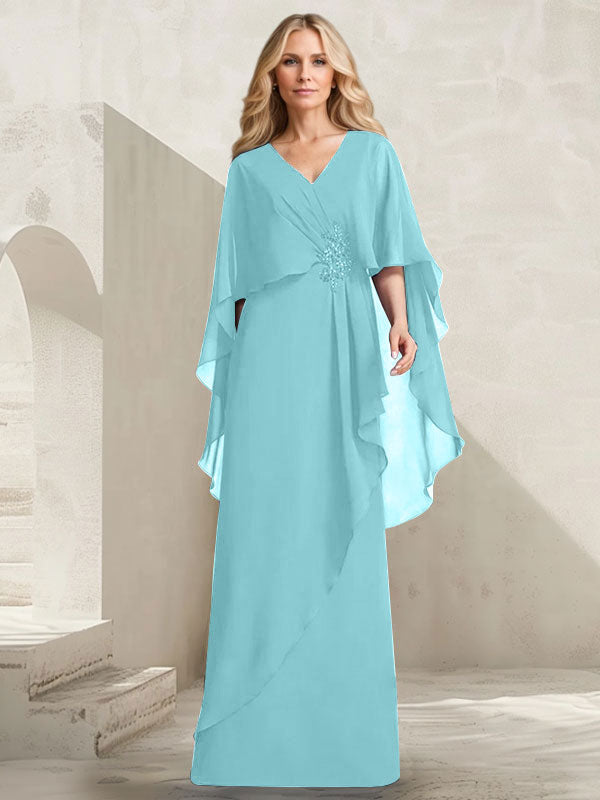 Robe mère de la mariée longue en chiffon coupe trapèze à col en V avec volants en cascade et perles