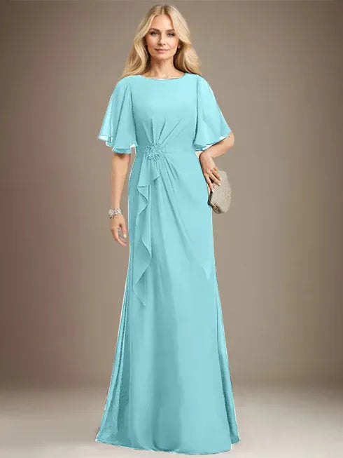 A-Linien Rundhals bodenlanges Chiffon Mutter der Braut Kleid mit kaskadierenden Rüschen Perlen Pailletten