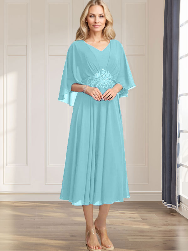 Robe de mère de la mariée en mousseline, longueur thé, col en V, en ligne A, avec appliques plissées, sequins, dentelle et perles