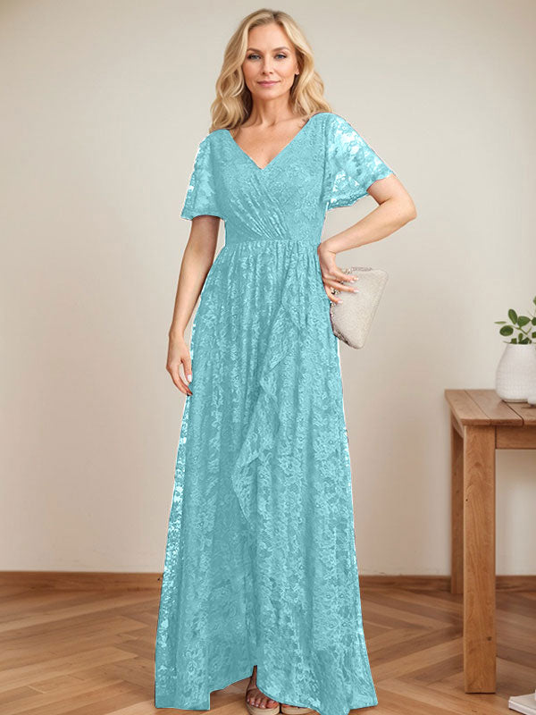 A-Linien Spitzen-Mutter-der-Braut-Kleid mit V-Ausschnitt, asymmetrisch und mit kaskadierenden Rüschen