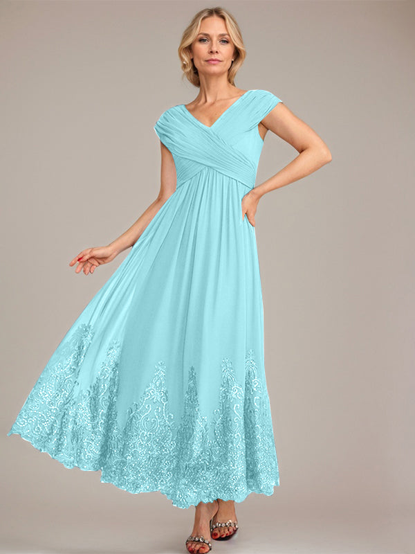 A-Linien V-Ausschnitt Knöchellanges Chiffon Kleid der Brautmutter mit Applikationen und Pailletten