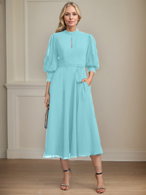 A-Linien Kleid mit hohem Kragen, tea-länge, Spitze und Chiffon, Brautmutterkleid mit Schleife