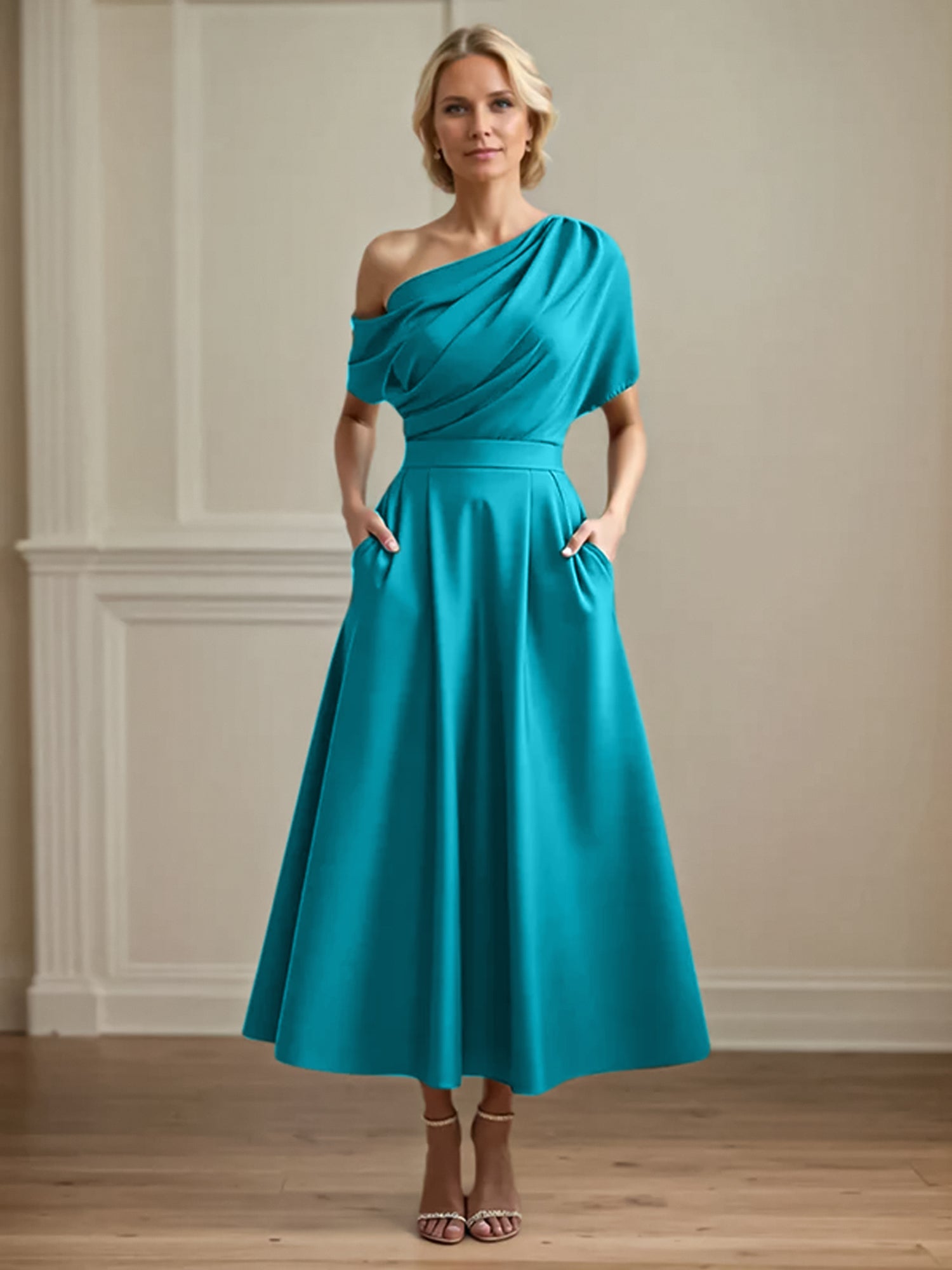 A Line Satin One Shoulder Pleated Ankle Length Mother of the Bride Dress