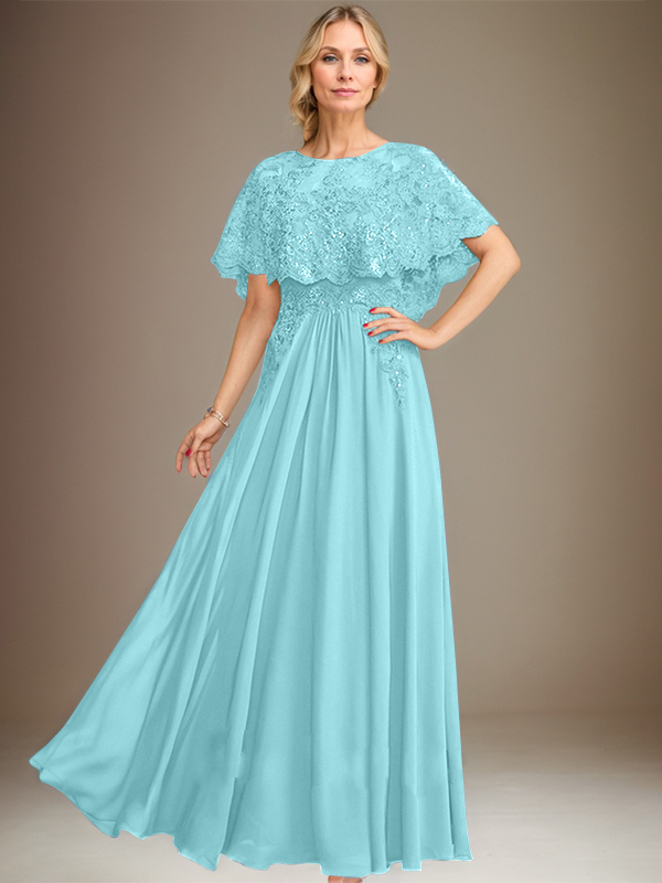 A-Linien Spitzen-Chiffon-Mutter-der-Braut-Kleid mit Bootsausschnitt, bodenlang und Applikations-Pailletten