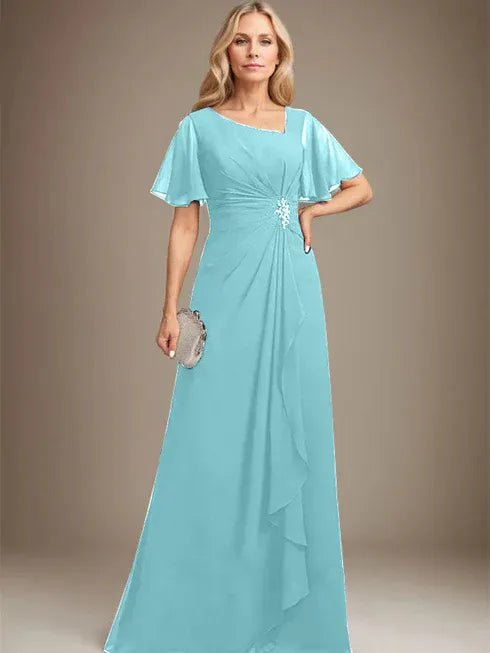 A-Linien asymmetrisches bodenlanges Chiffon Mutter-der-Braut-Kleid mit plissierten Perlen und Pailletten