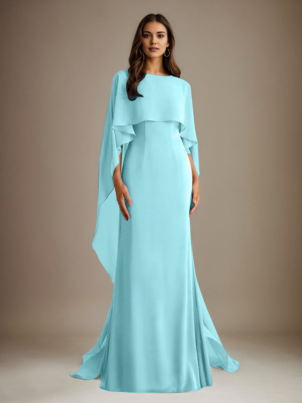 Etuikleid/Säulenkleid Bootsausschnitt bodenlanges Chiffon Mutter-des-Braut-Kleid mit kaskadierenden Rüschen