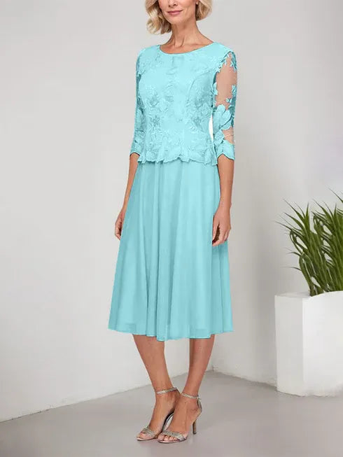 A-Linie Rundhals Tee-Länge Spitze Chiffon Mutter-der-Braut-Kleid mit Stickerei
