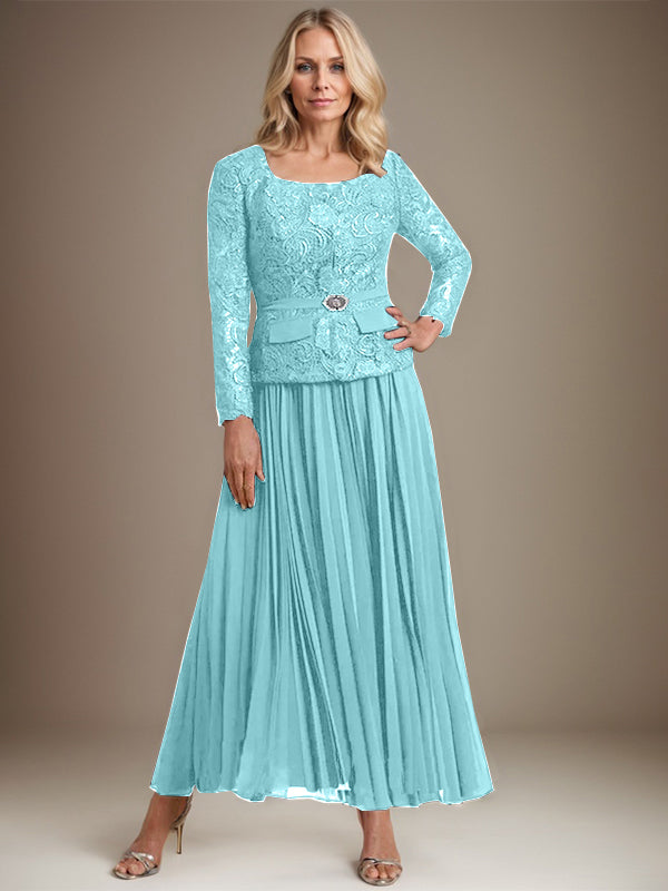 A-Linien-Kleid mit quadratischem Ausschnitt, knöchellang, Chiffon, Mutter der Braut, mit Falten