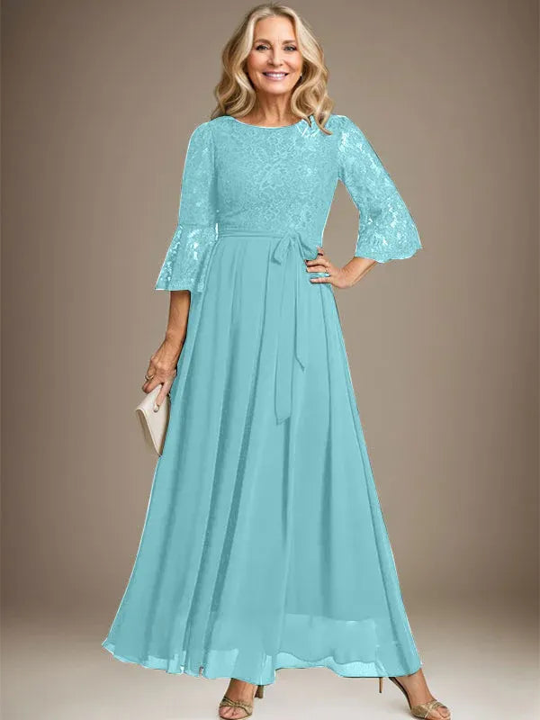 A-line Scoop Ankle-Length Lace Chiffon Mother of the Bride Dress With Bow