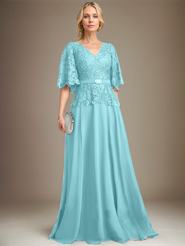 A-Linien V-Ausschnitt Bodenlanges Chiffon-Spitzen Mutter-der-Braut-Kleid mit Kristallbrosche und Strass
