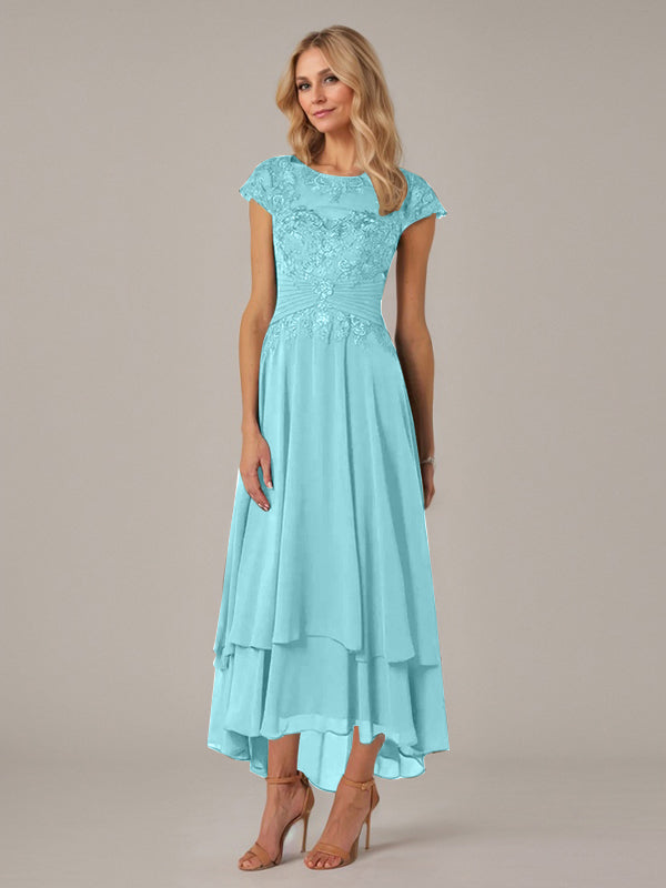 A-Linien Boot-Ausschnitt Illusions asymmetrisches Chiffon-Spitzen Mutterkleid der Braut mit Applikationsfalten