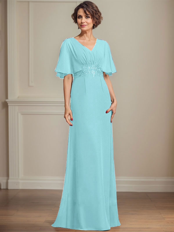 A-Linien Chiffon Mutter-der-Braut-Kleid mit V-Ausschnitt, bodenlang, mit plissierten Pailletten-Applikationen und Spitze
