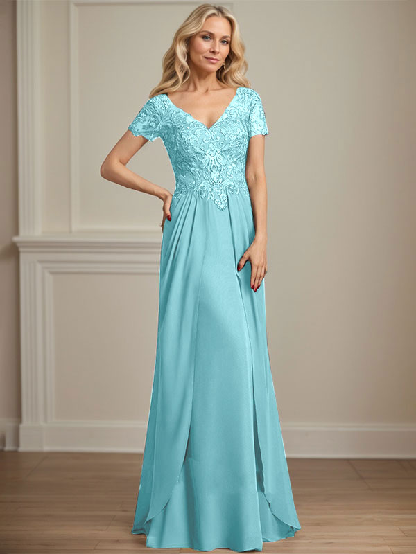 A-Linien Chiffon-Spitzen-Mutter-der-Braut-Kleid mit V-Ausschnitt, bodenlang