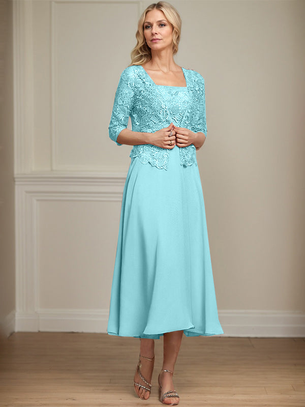Robe de mère de la mariée en mousseline et dentelle ligne A longueur thé avec perles et sequins