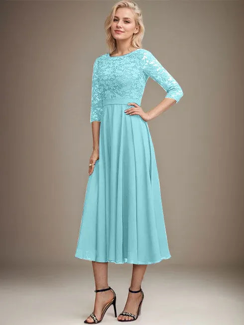 A-Linien Spitzen-Chiffon-Brautmutterkleid mit V-Ausschnitt, tea-length, mit Pailletten
