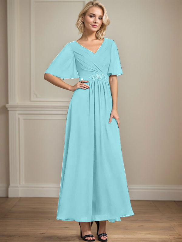 A-Linien V-Ausschnitt Knöchellanges Chiffon Kleid für die Brautmutter mit plissierten Perlen und Pailletten