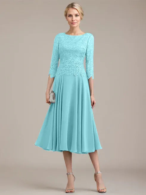 A-Linien Kleid mit Rundhalsausschnitt, tea-länge, Spitze und Chiffon, Mutter der Braut Kleid