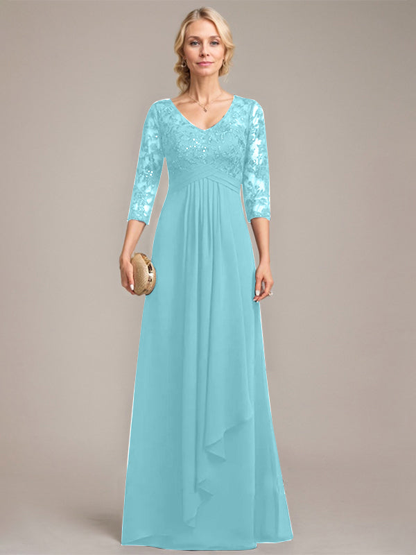 A-Linien V-Ausschnitt bodenlanges Spitzen-Chiffonkleid für die Mutter der Braut mit kaskadierenden Rüschen und Pailletten