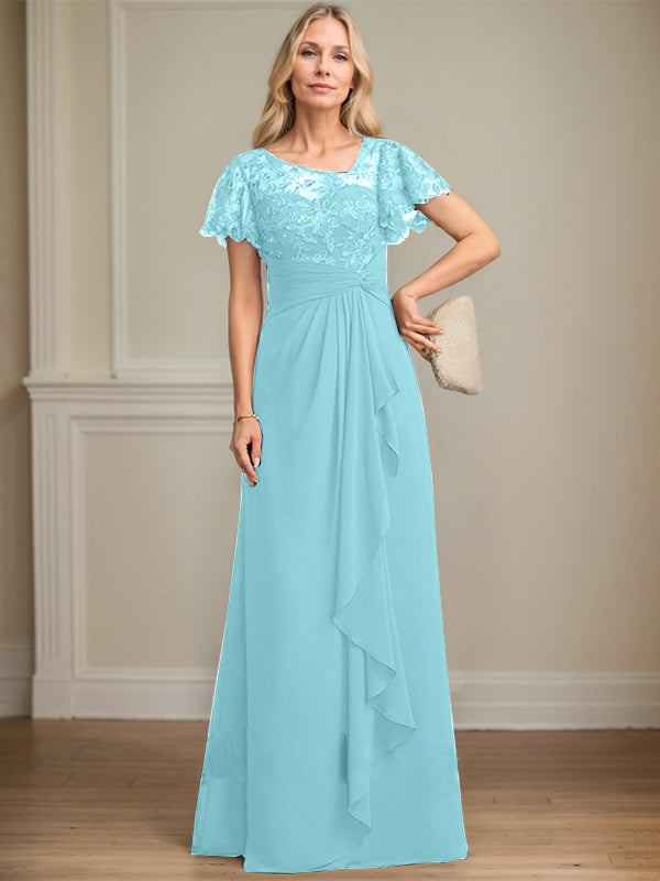 A-Linie asymmetrisches Illusions bodenlanges Spitzen-Chiffon Brautmutterkleid mit kaskadierenden Volants und Pailletten