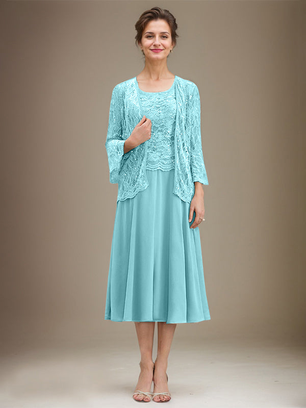 A-Linien Spitzen-Chiffon-Brautmutterkleid mit V-Ausschnitt, tea-length, mit Pailletten