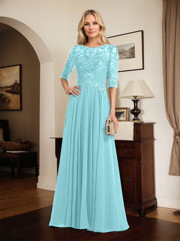 A-Linien Ausschnitt Illusions-Bodenlanges Chiffon-Spitzenkleid für die Mutter der Braut mit plissierten Pailletten