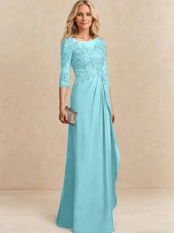 Vestido para la madre de la novia línea A con escote redondo ilusión, largo hasta el suelo, de gasa y encaje con cuentas, lentejuelas y volantes en cascada