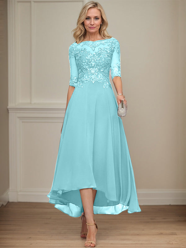 A-Linien Bootsausschnitt Illusionskleid mit asymmetrischem Chiffon-Spitzenstoff, Mutter-der-Braut-Kleid mit Paillettenperlen