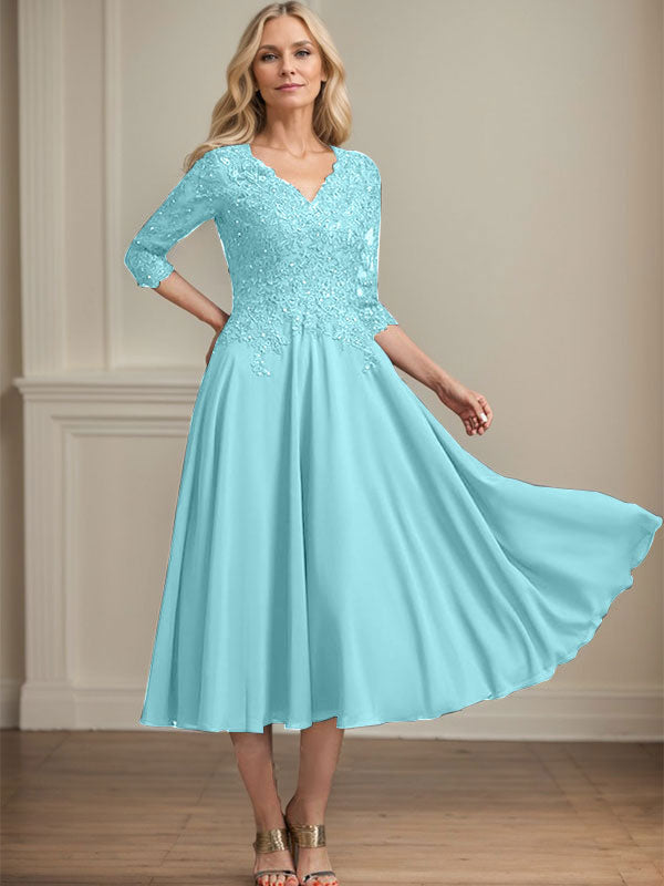 Robe de mère de la mariée en mousseline longueur thé, ligne A, col en V, en dentelle avec perles et sequins