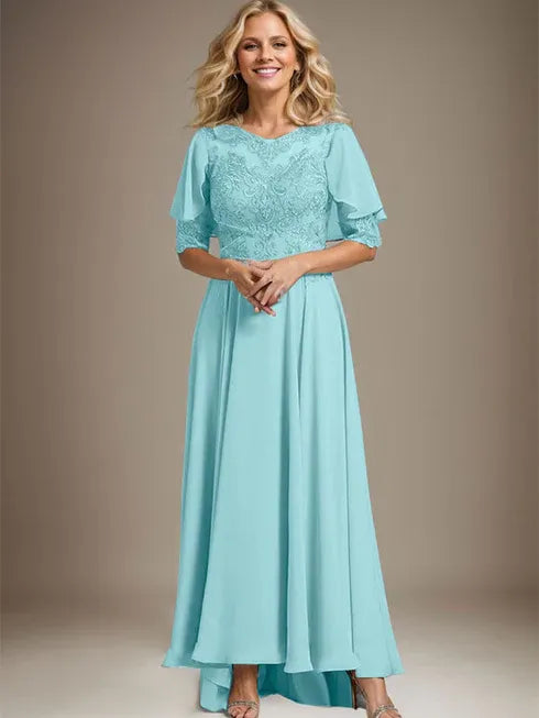 A-Linien Kleid mit Scoop-Ausschnitt, Illusion, asymmetrischem Chiffon und Spitzen, Mutter-der-Braut-Kleid mit Perlenbesatz