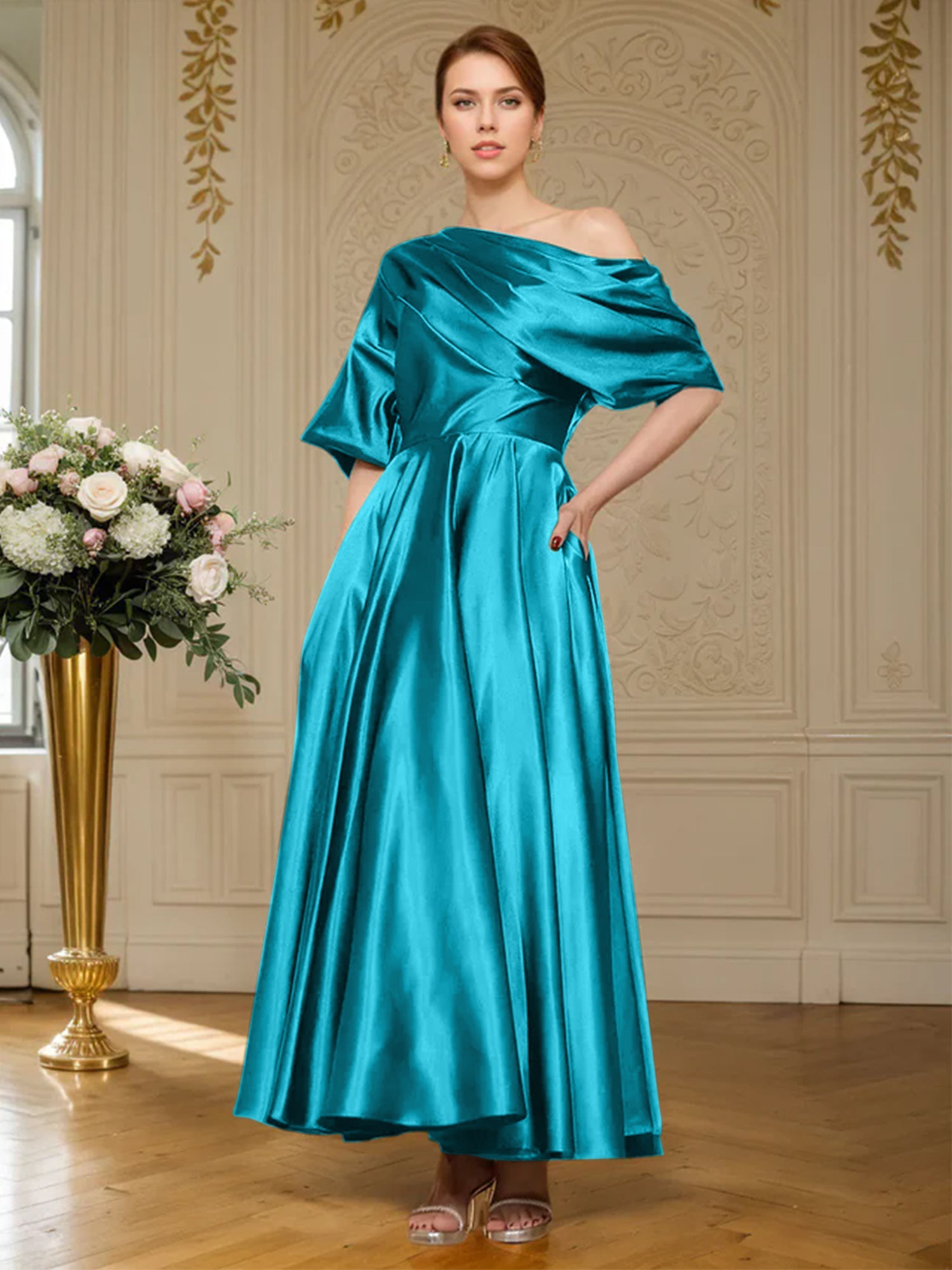 A-Linien Kurzarm plissiertes knöchellanges seidenähnliches Satin Kleid für die Brautmutter