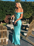 Robe longue de bal sirène aqua en satin, fourreau à épaules dénudées