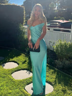 Robe longue de bal sirène aqua en satin, fourreau à épaules dénudées