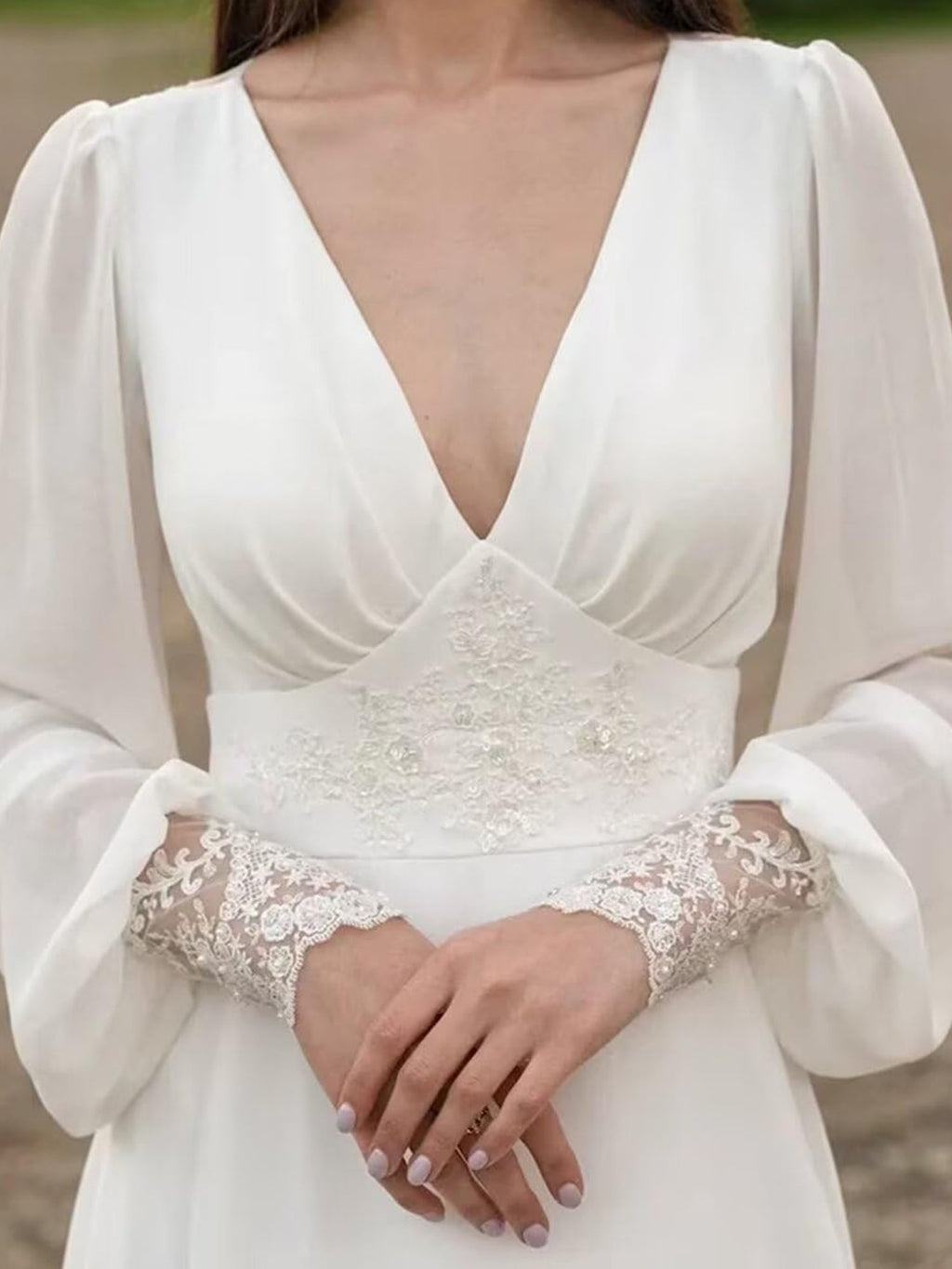 Long Sleeves Wedding Dresses V Neck Backless Bridal Dresses for Women