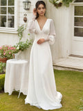 Long Sleeves Wedding Dresses V Neck Backless Bridal Dresses for Women