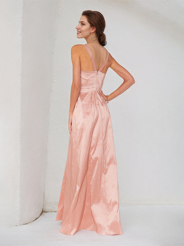 Rosa Satin Spaghettiträger ärmelloses bodenlanges Kleid mit Schleife