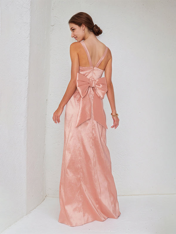 Rosa Satin Spaghettiträger ärmelloses bodenlanges Kleid mit Schleife
