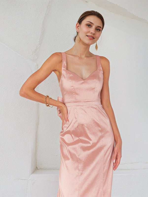 Rosa Satin Spaghettiträger ärmelloses bodenlanges Kleid mit Schleife