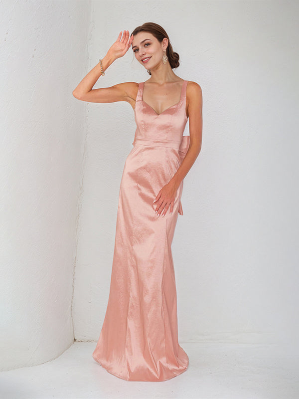 Rosa Satin Spaghettiträger ärmelloses bodenlanges Kleid mit Schleife