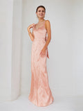 Rosa Satin Spaghettiträger ärmelloses bodenlanges Kleid mit Schleife