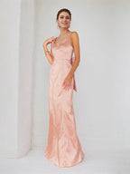 Rosa Satin Spaghettiträger ärmelloses bodenlanges Kleid mit Schleife