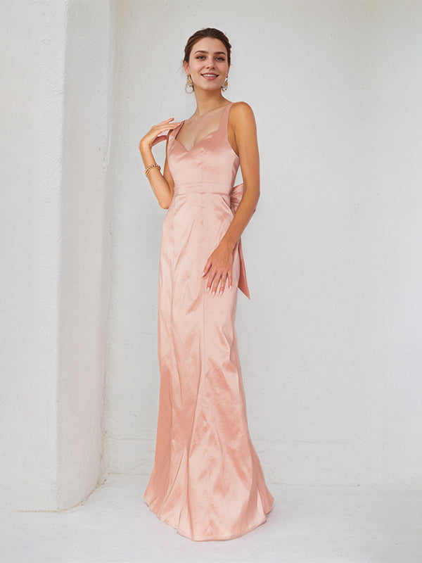 Rosa Satin Spaghettiträger ärmelloses bodenlanges Kleid mit Schleife