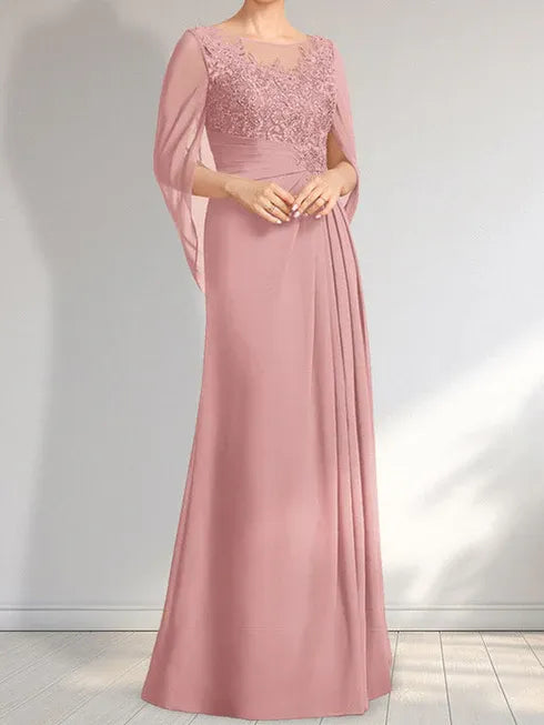 A-Linien Rundhals Illusions bodenlanges Spitzen-Chiffon Kleid für die Brautmutter mit plissierten Pailletten
