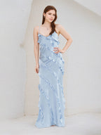 Sky Blue Satin Spaghetti Straps Sleeveless Floor Length Dress With Ruffles