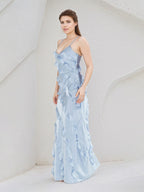 Sky Blue Satin Spaghetti Straps Sleeveless Floor Length Dress With Ruffles
